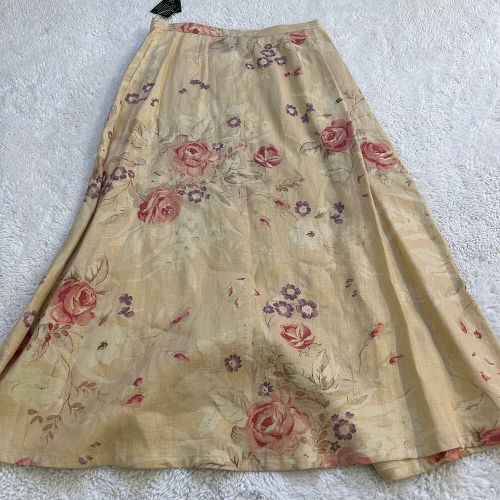 NWT LRL Womens Sz 4 Biege Floral Button Front Linen Maxi Skirt Cottagecore Soft - Picture 2 of 6